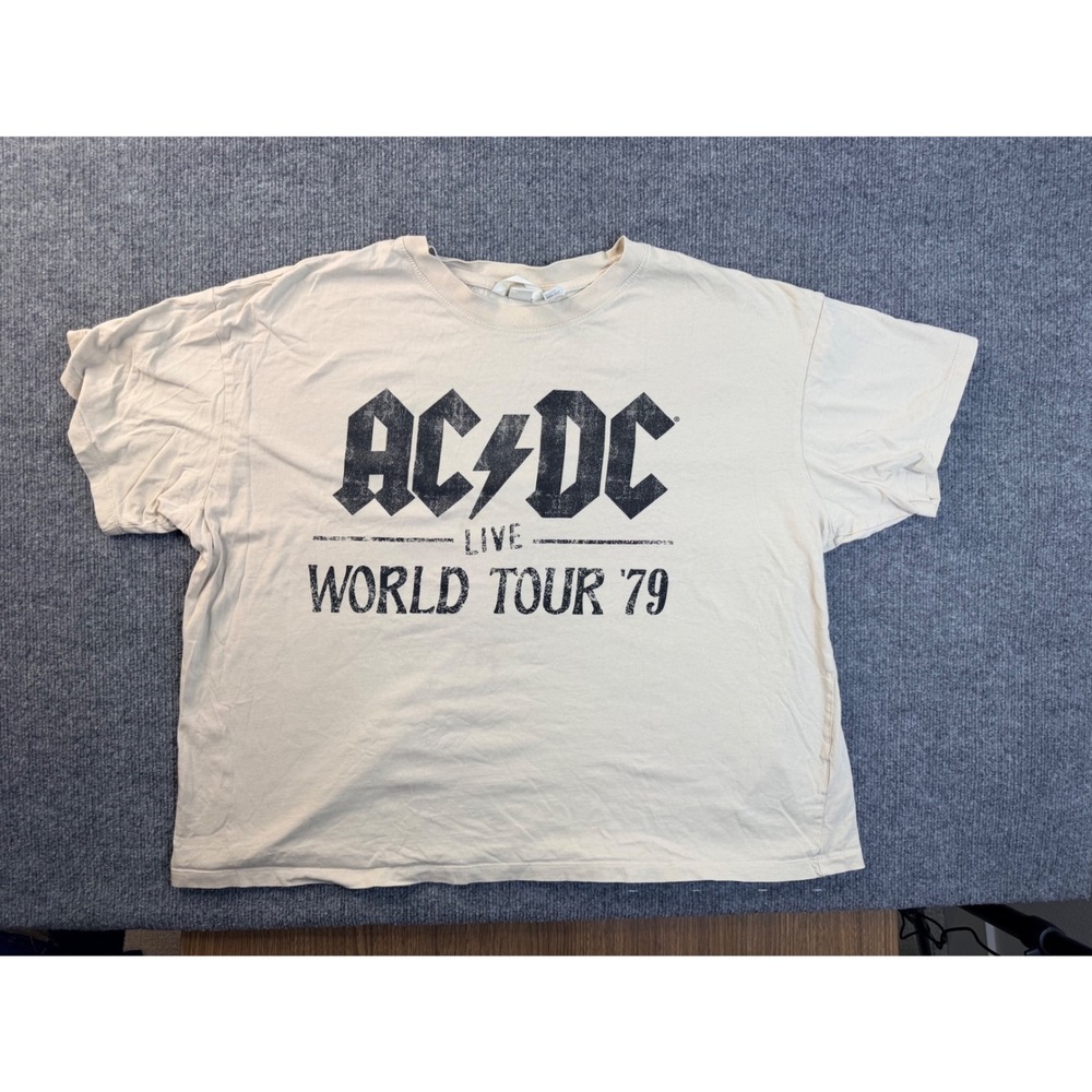 AC/DC Live World Tour 79 Graphic Tee Tan Beige XL Boxy Fit Cotton Band T-Shirt
